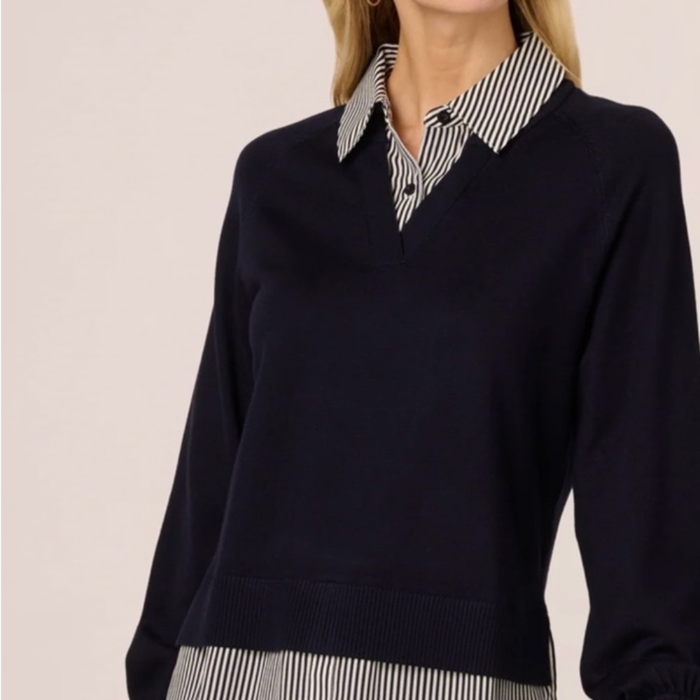 Adrianna Papell Navy and White 2-in-1 Blouse - Picture 2 of 6